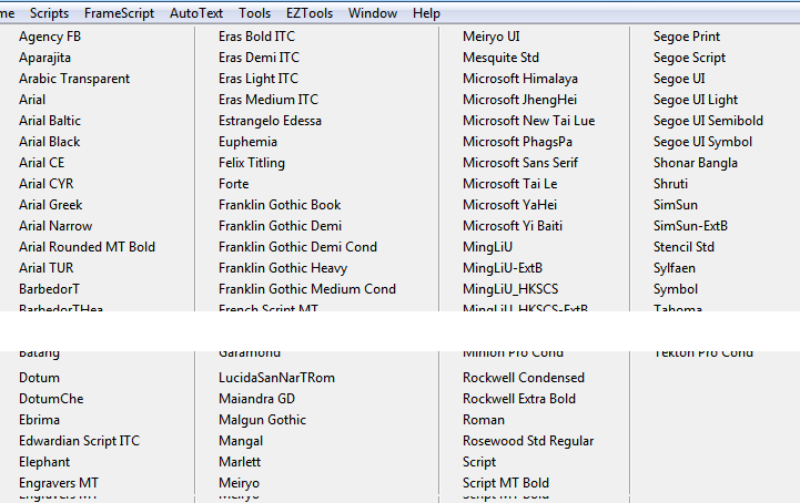 List of fonts in FrameMaker via menu Format, Fonts
