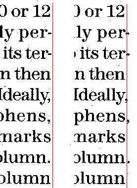 On the left side some lines with minus or comma at the line ends which terminate at a specific position (a vertical line). On the right side the minus and commas extend a little bit beyond this margin line