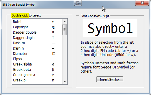 context menu for special symbols
