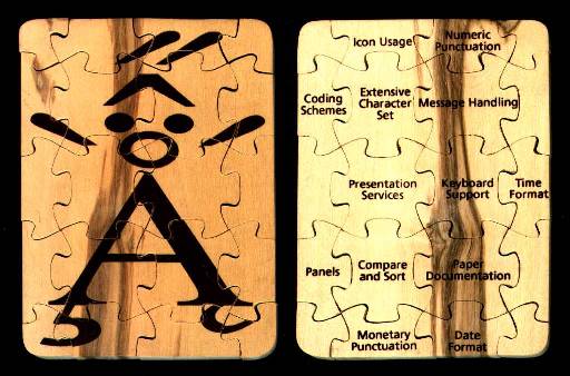 Small wooden puzzle, showing on one side the NLA logo (an upper case A with many accents giivng the impression of a human figure). On the rear the pieces have NLA functions written (e.g. coding scheme, time format).